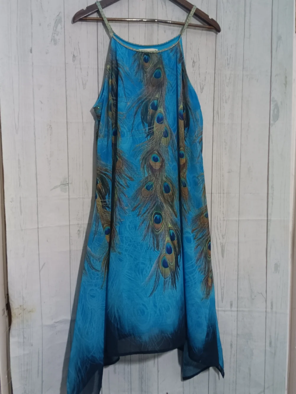 Indigo Soul Peacock-Print Asymmetrical Halter Dress in Blue Sz L